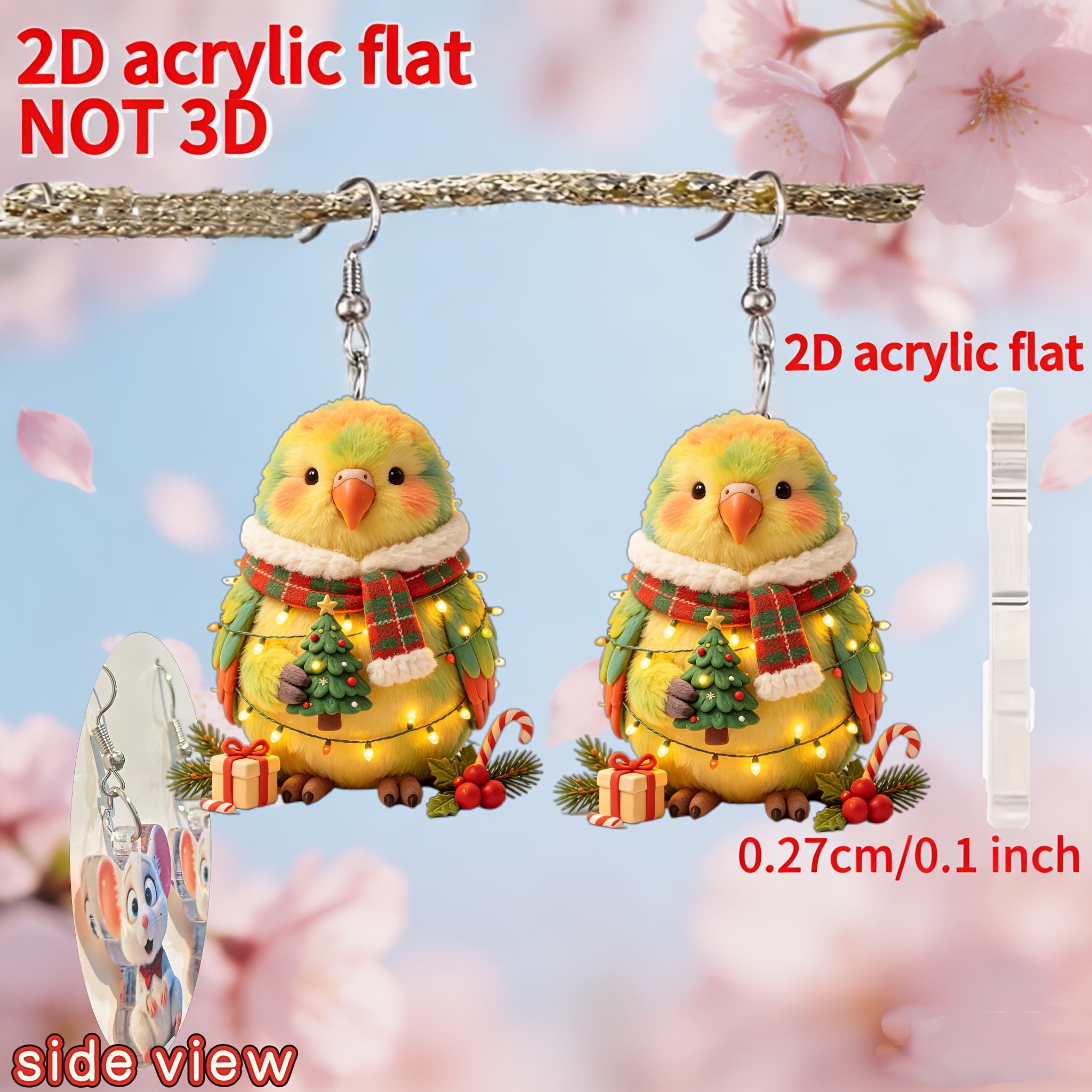 2D Acrylic Flat Christmas Parrot Earrings, Cute Gift